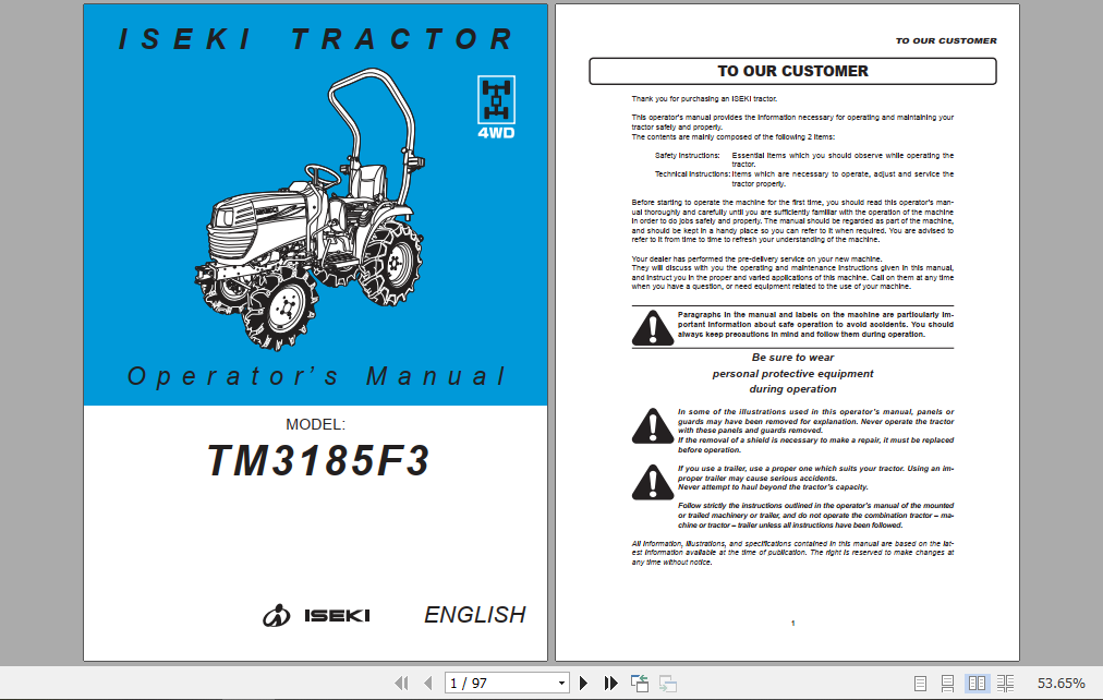 Iseki Tractor TM3185F3 Operator Manual 1