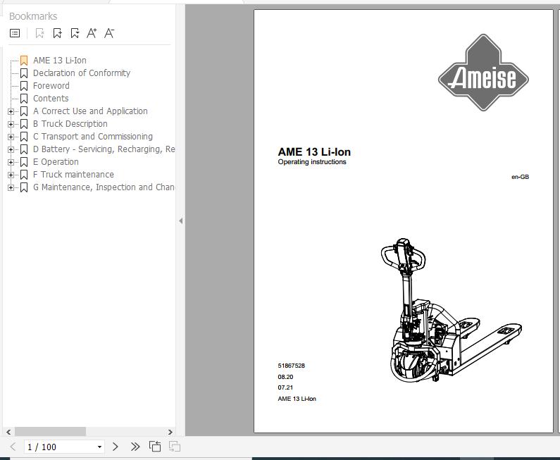 Jungheinrich Electric Pallet Truck AME 13 Li Ion Operating Instructions 07 2021 EN 51867528 1
