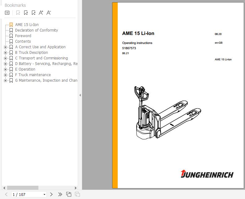 Jungheinrich Electric Pallet Truck AME 15 Li Ion Operating Instructions 06 2021 EN 51867573 1