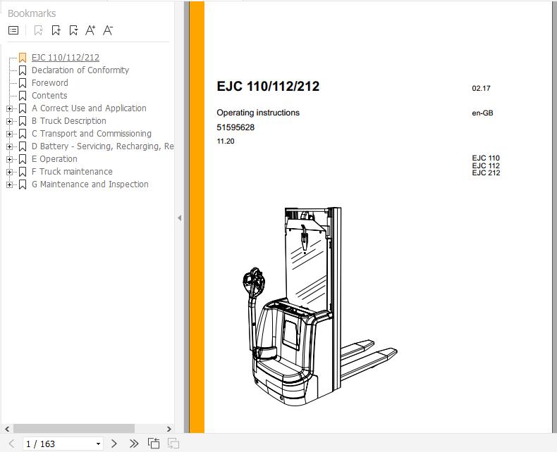Jungheinrich Electric Pallet Truck EJC 110 112 212 Operating Instructions 11 2020 EN 51595628 1