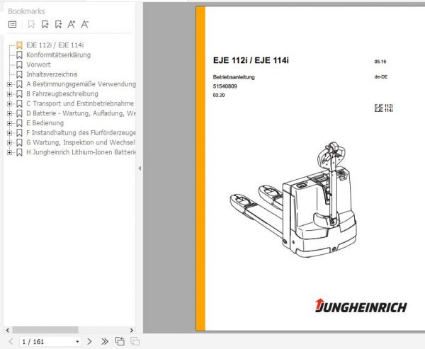 Jungheinrich Electric Pallet Truck EJE 112i EJE 114i Operating Instructions 03 2020 DE 51540809 1