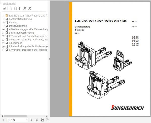 Jungheinrich Electric Pallet Truck EJE 222 225 222R 225R 230 235 Operating Instructions 12 2019 DE 51650154 1