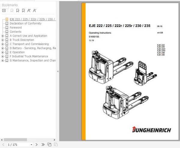 Jungheinrich Electric Pallet Truck EJE 222 225 222R 225R 230 235 Operating Instructions 12 2019 EN 51650155 1