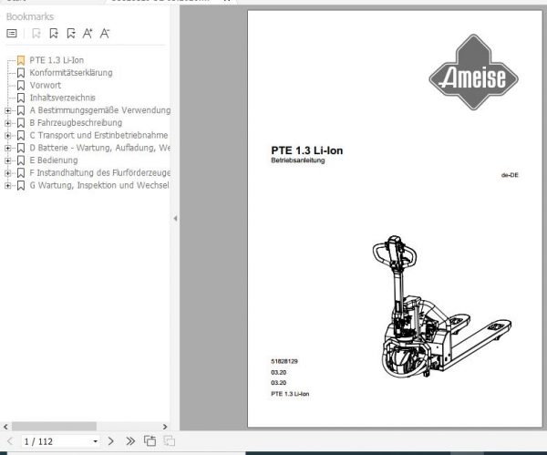 Jungheinrich Electric Pallet Truck PTE 1.3 Li Ion Operating Instructions 03 2020 DE 51828129 1