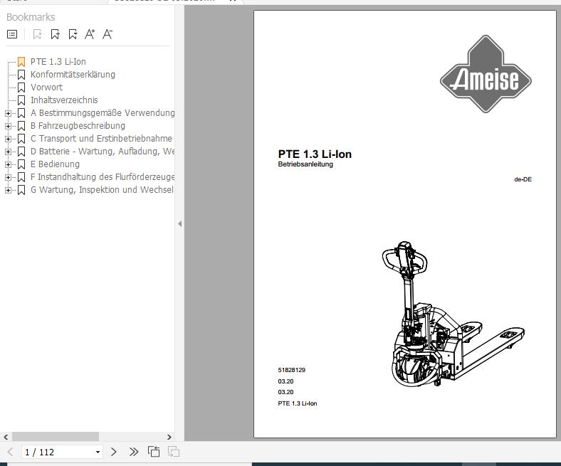 Jungheinrich Electric Pallet Truck PTE 1.3 Li Ion Operating Instructions 03 2020 DE 51828129 1