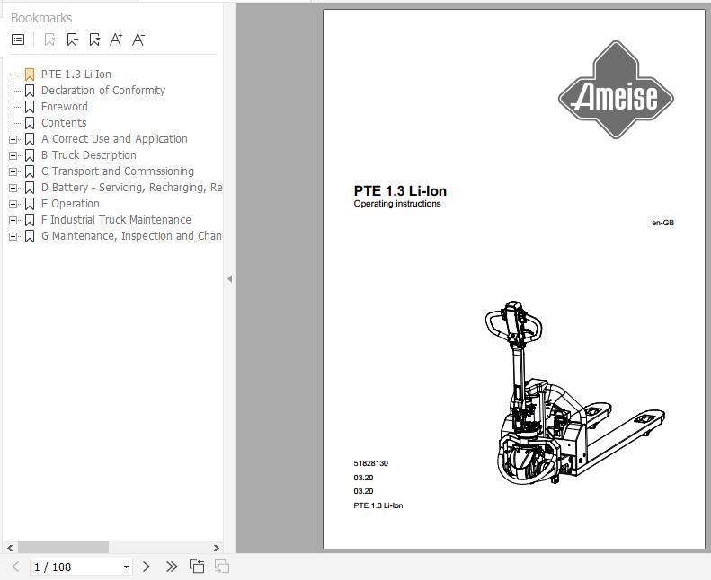 Jungheinrich Electric Pallet Truck PTE 1.3 Li Ion Operating Instructions 06 2020 EN 51828130 1