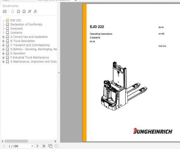 Jungheinrich Electric Stacker Truck EJD 222 Operating Instructions 04 2020 EN 51843676 1