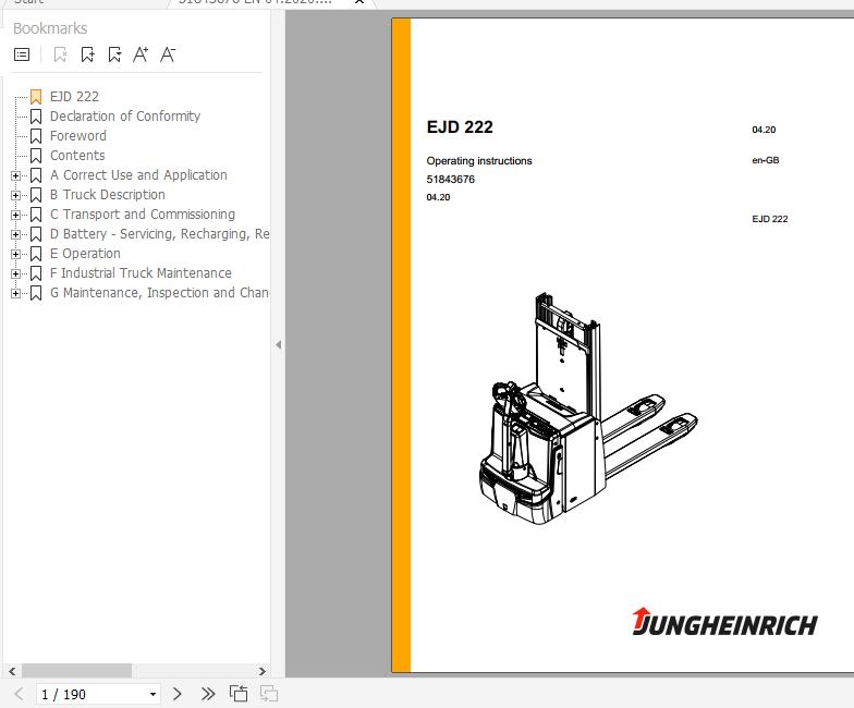 Jungheinrich Electric Stacker Truck EJD 222 Operating Instructions 04 2020 EN 51843676 1
