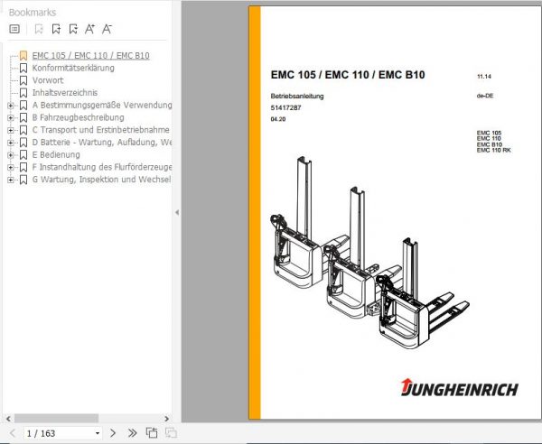 Jungheinrich Electric Stacker Truck EMC 105 110 B10 110RK Operating Instructions 04 2020 DE 51417287 1