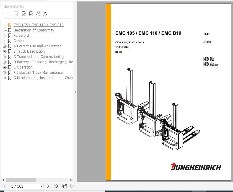 Jungheinrich Electric Stacker Truck EMC 105 110 B10 110RK Operating Instructions 04 2020 EN 51417289 1
