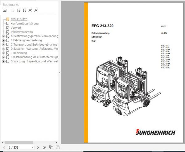 Jungheinrich Forklift EFG 213 320 Operating Instructions 05 2021 DE 51591662 1