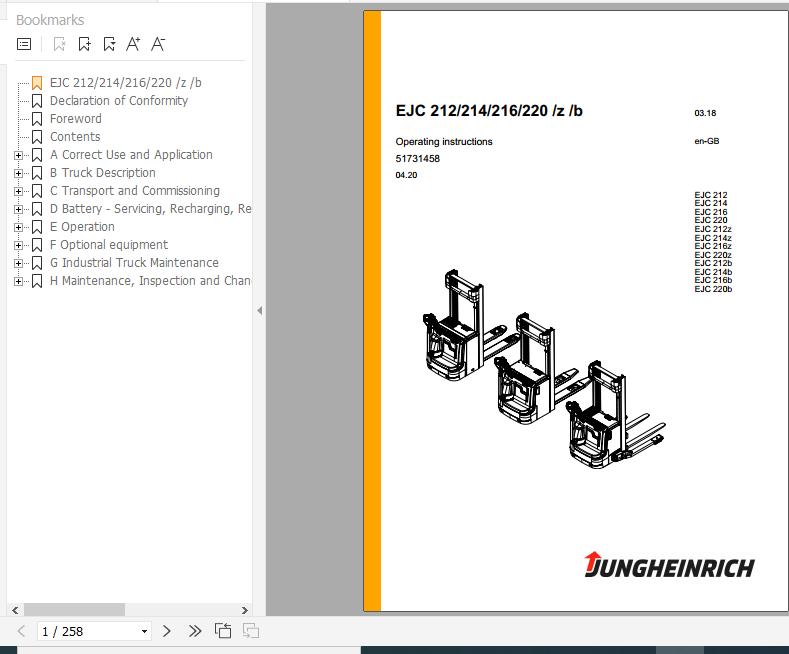 Jungheinrich Pallet Stacker EJC 212 214 216 220zb Operating Instructions 04 2020 EN 51731458 1