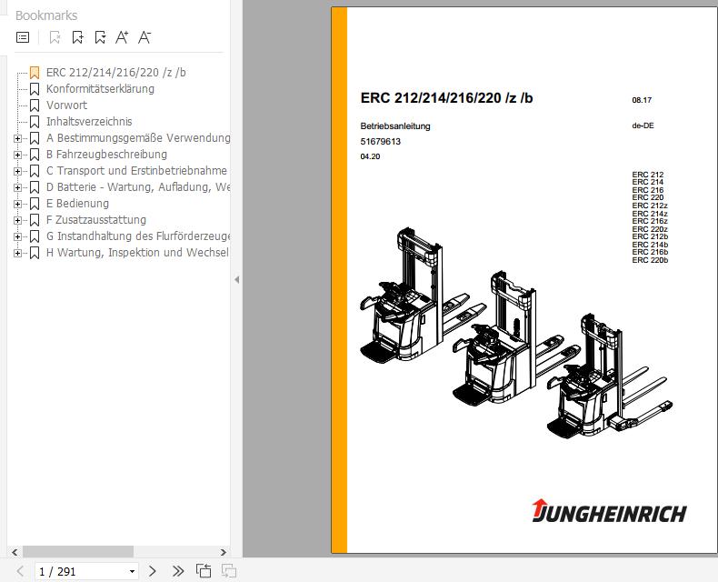Jungheinrich Pallet Stacker ERC 212 214 216 220 zb Operating Instructions 04 2020 DE 51679613 1