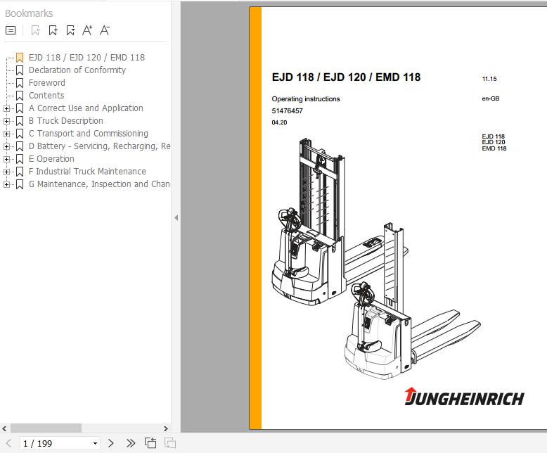 Jungheinrich Pallet Truck EJD 118 120 EMD 118 Operating Instructions 04 2020 EN 51476457 1