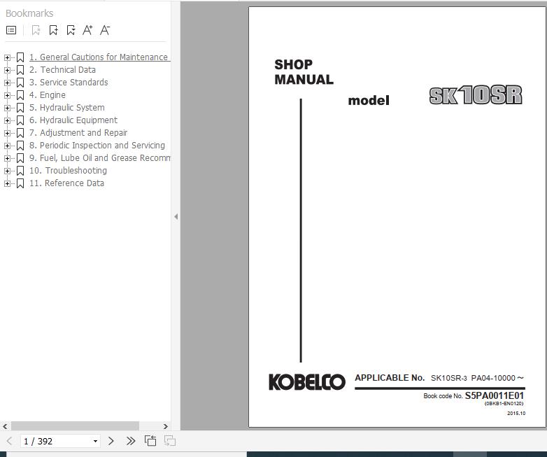 Kobelco Mini Crawler Excavators SK10SR Shop Manual S5PA0011E01 EN PDF 1