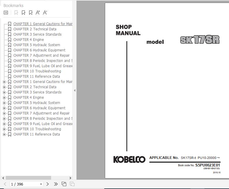 Kobelco Mini Crawler Excavators SK17SR Shop Manual S5PU0023E01 EN PDF 1