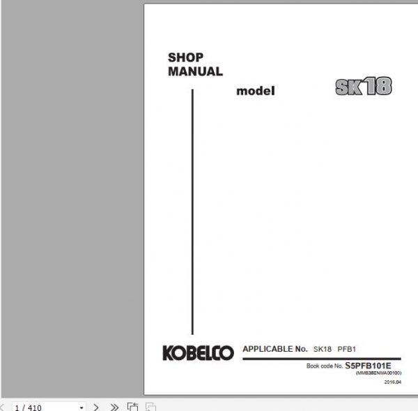 Kobelco Mini Crawler Excavators SK18 Shop Manual S5PFB101E EN PDF 1