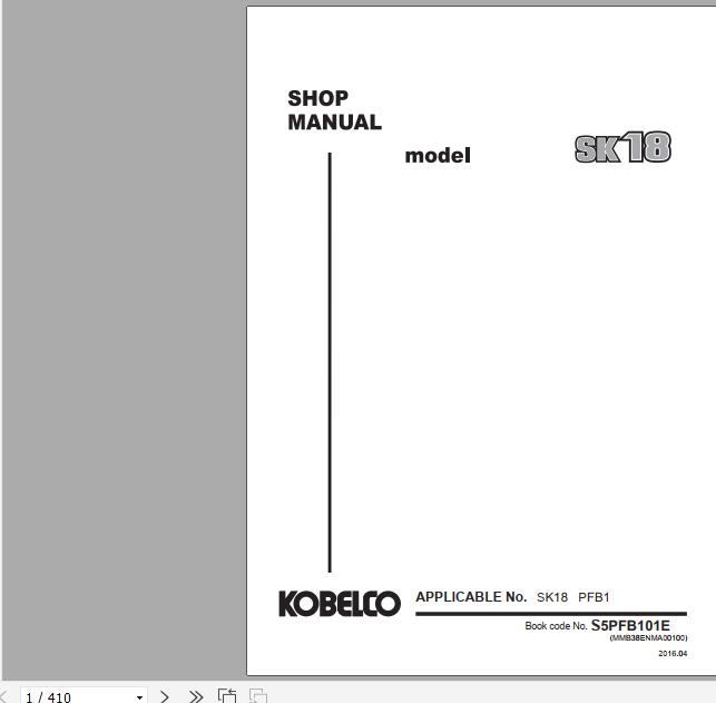 Kobelco Mini Crawler Excavators SK18 Shop Manual S5PFB101E EN PDF 1