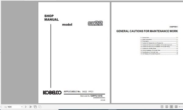 Kobelco Mini Crawler Excavators SK22 Shop Manual S5PFC101E EN PDF 1