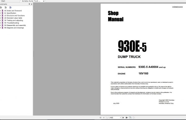 Komatsu Dump Truck 930E 5 USA A40004 Up CEBM032204 Shop Manual 07 2020 1