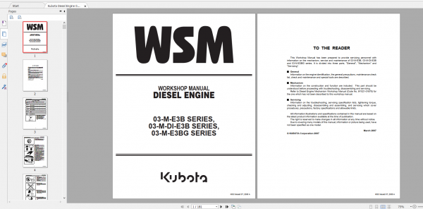 Kubota Diesel Engine 03 M E3B 03 M DI E3B 03 M E3BG Series Workshop Manual 1