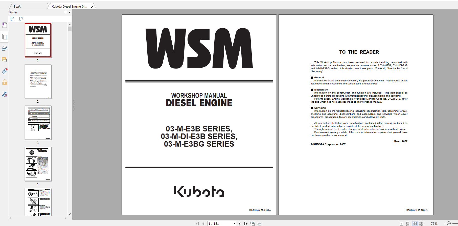 Kubota Diesel Engine 03 M E3B 03 M DI E3B 03 M E3BG Series Workshop Manual 1