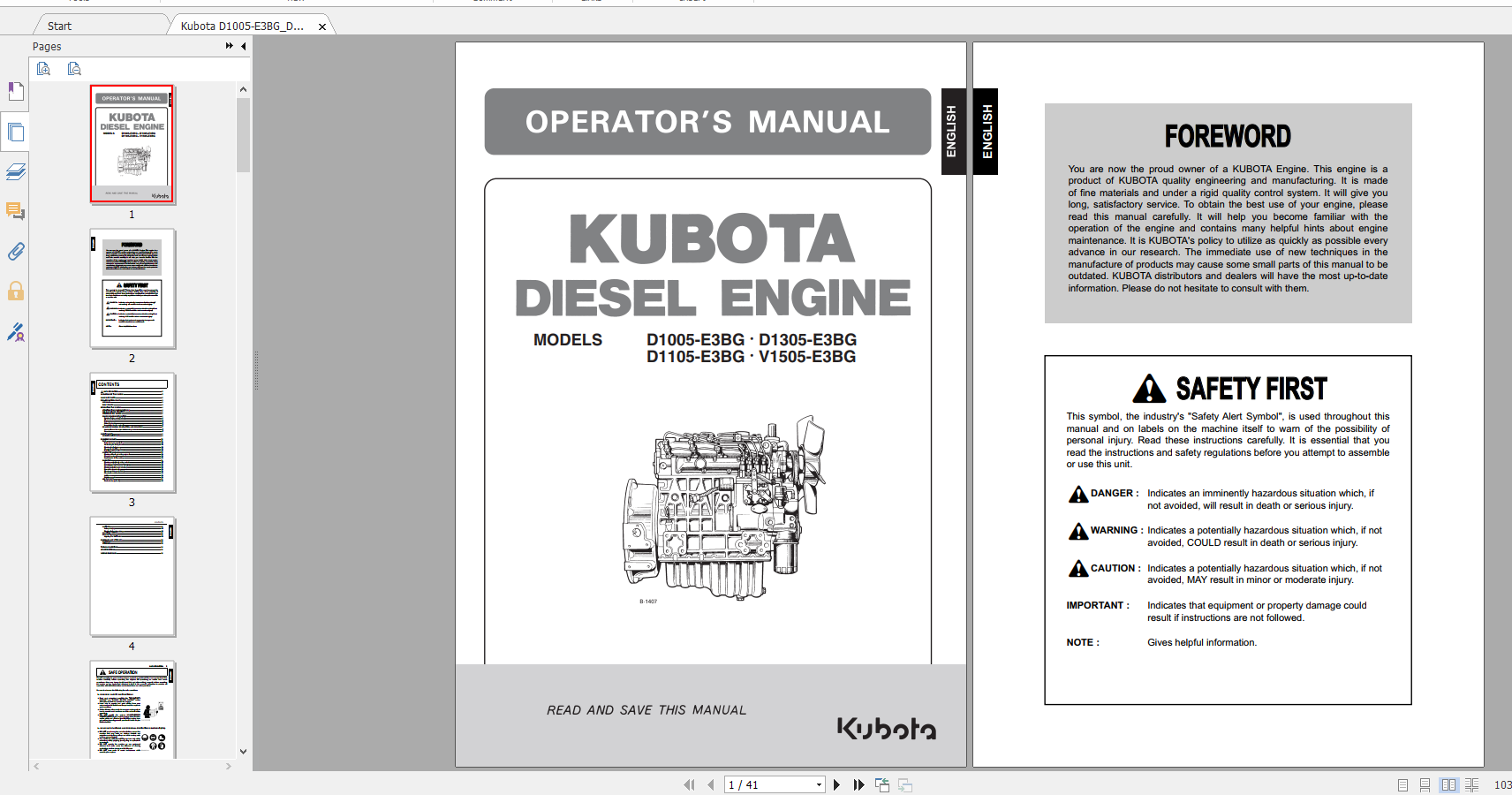 Kubota Diesel Engine D1005 E3BG D1305 E3BG D1105 E3BG V1505 E3BG Opertors Manual 1