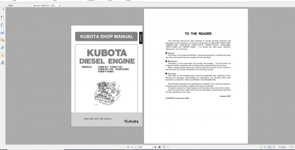 Kubota Diesel Engine V3600 E3 V3600 T E3 V3800 DI T E3 V3300 E3BG V3600 T E3BG Operator Manual 1