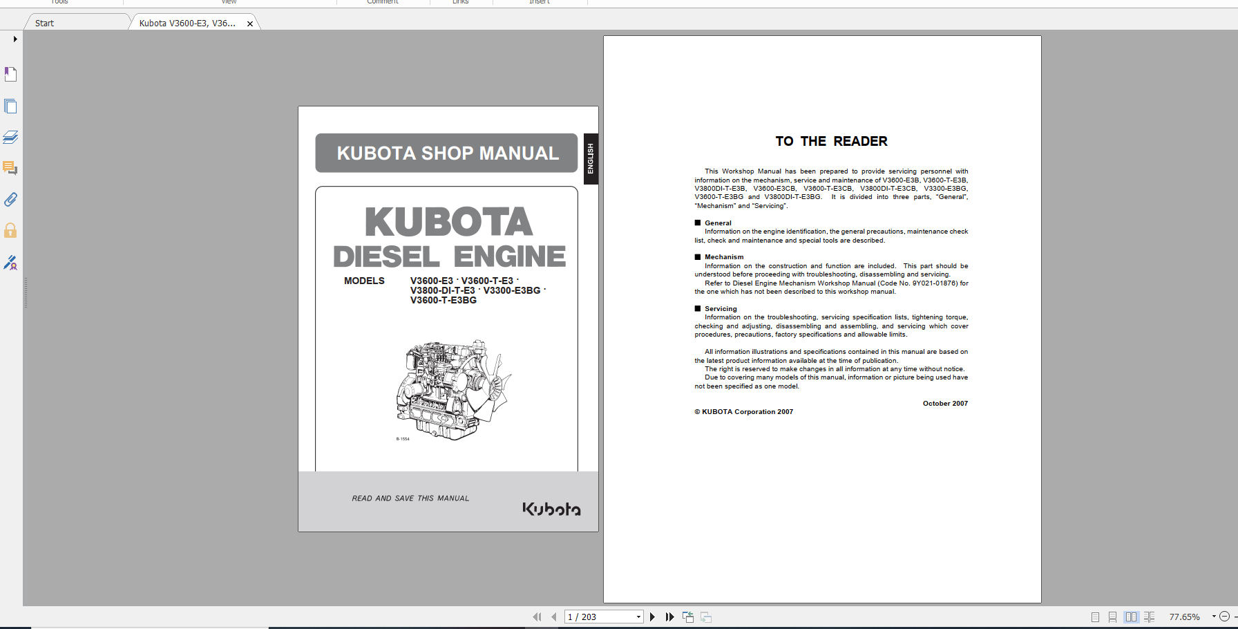 Kubota Diesel Engine V3600 E3 V3600 T E3 V3800 DI T E3 V3300 E3BG V3600 T E3BG Operator Manual 1