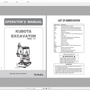 Kubota Excavator U17 Operators Manual 1
