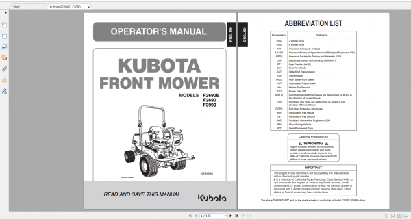Kubota Front Mower F2690E F2690 F3990 Operators Manual 1