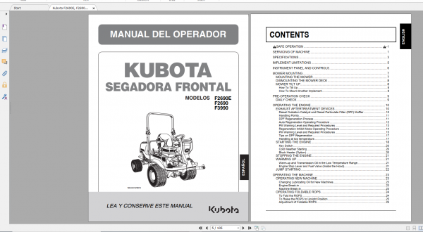 Kubota Front Mower F2690E F2690 F3990 Operators Manual 2