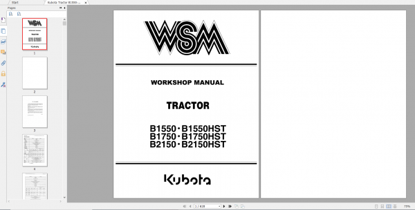 Kubota Tractor B1550 B1550HST B1750 B1750HST B2150 B2150HST Workshop Manual 1