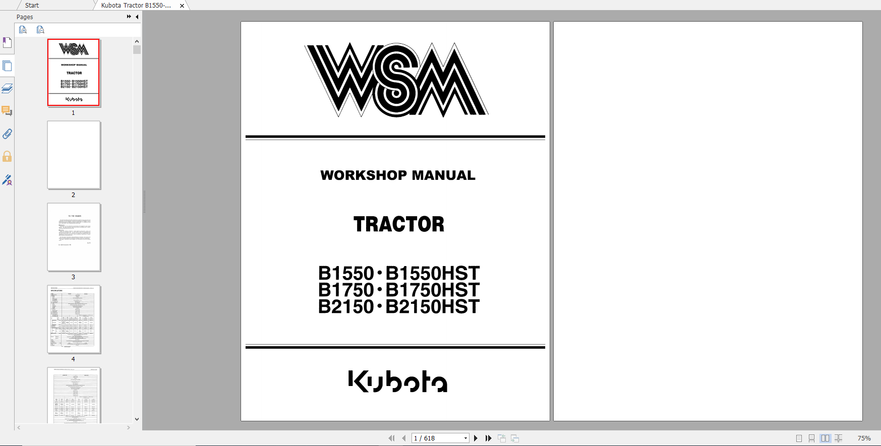 Kubota Tractor B1550 B1550HST B1750 B1750HST B2150 B2150HST Workshop Manual 1
