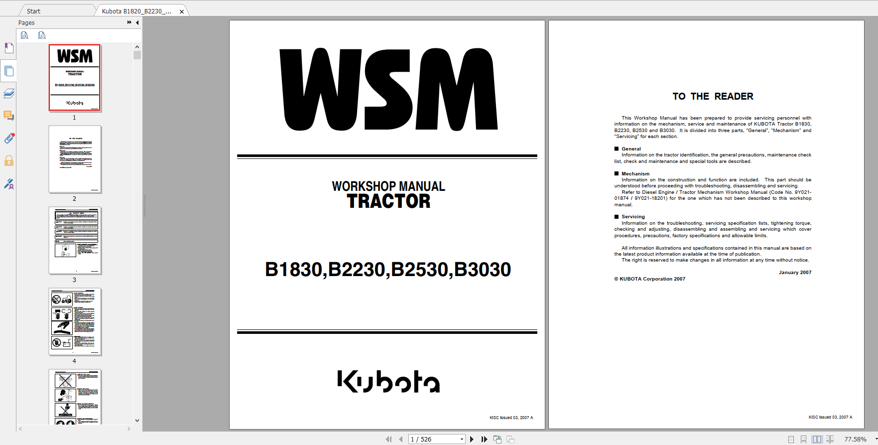 Kubota Tractor B1820 B2230 B2530 B3030 Workshop Manual 1