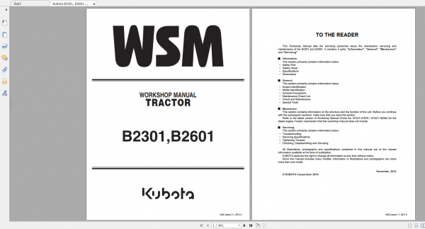 Kubota Tractor B2301 B2601 Workshop Manual 1