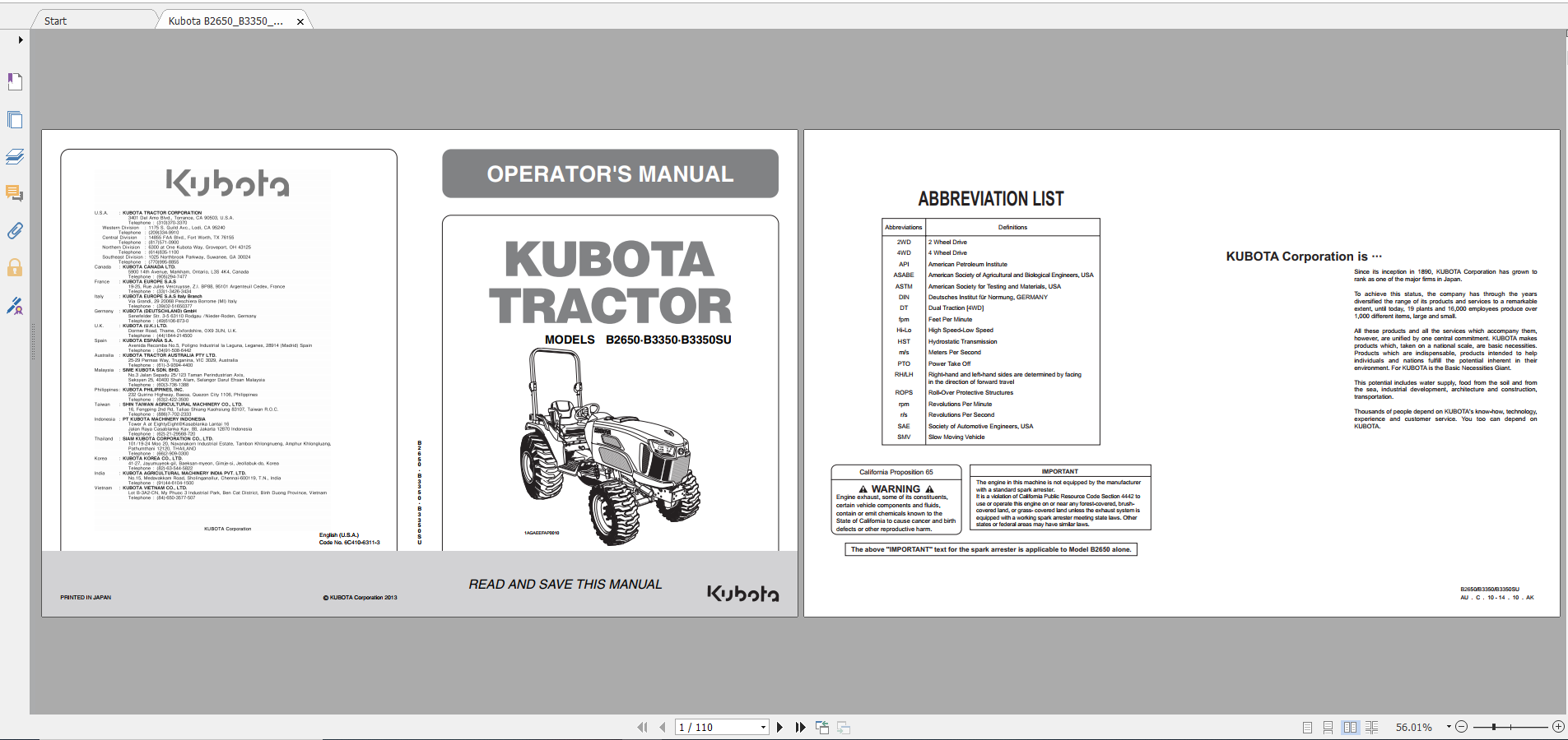 Kubota Tractor B2650 B3350 B3350SU Operators Manual 1