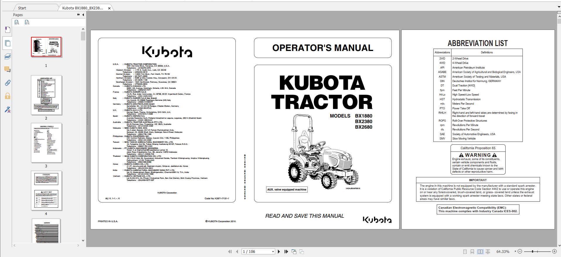 Kubota Tractor BX1880 BX2380 BX2680 Operators Manual 1
