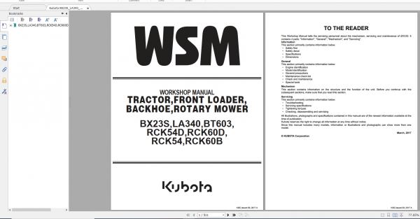 Kubota Tractor BX23S LA340 BT603 RCK54D RCK60D RCK54 RCK60B Workshop Manual 1