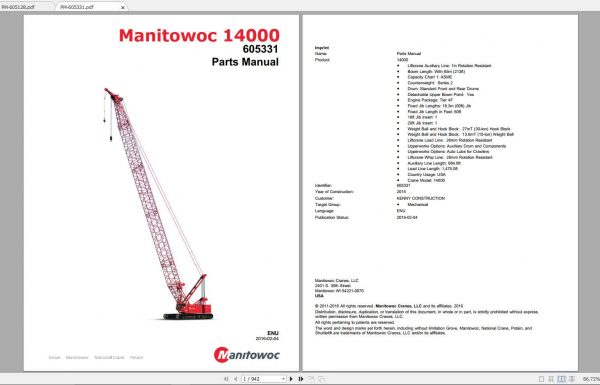 Manitowoc Crane 14000 605128 605331 Spare Parts Catalogs 1