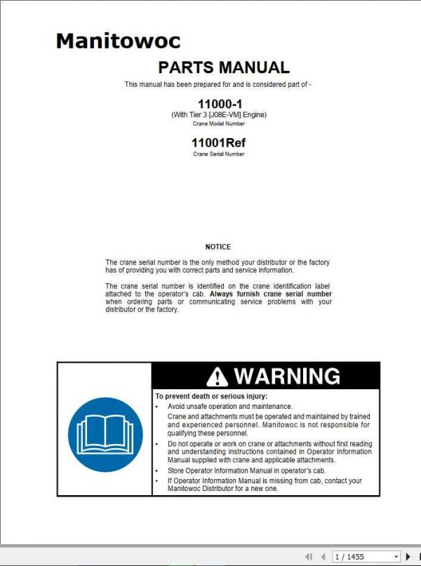 Manitowoc Cranes 11000 1 J08E VM APAC PM 12 23 15 Spare Parts Manual PDF 1