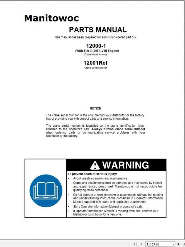 Manitowoc Cranes 12000 1 J08E VM APAC PM 09 16 14 Spare Parts Manual PDF 1