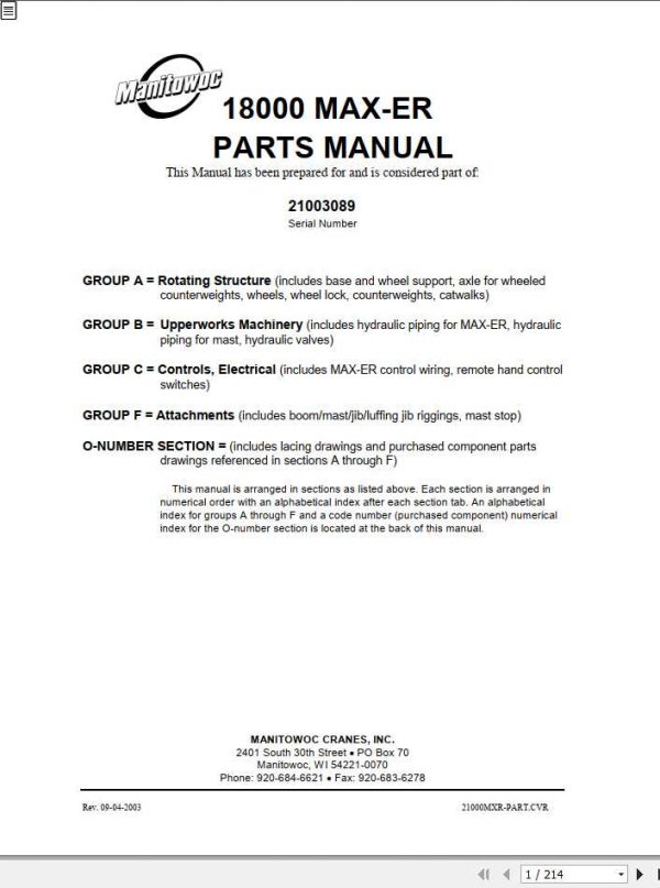 Manitowoc Cranes 18000 21000 MAX-ER 21003089 Spare Parts Manual PDF