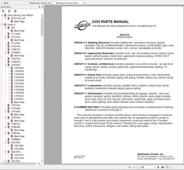 Manitowoc Cranes 2250 2251215 2251335 Spare Parts Catalog 1