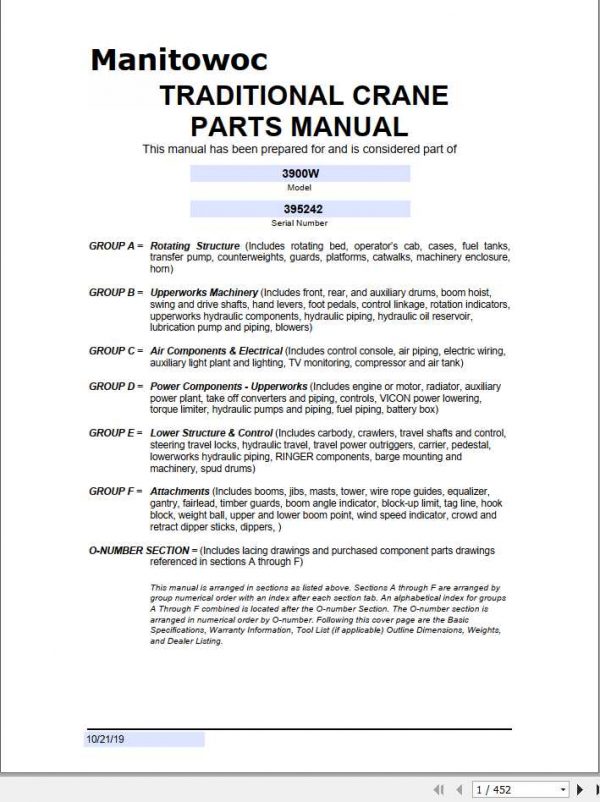 Manitowoc Cranes 3900W 395242 PM 10 21 2019 Spare Parts Manual PDF 1