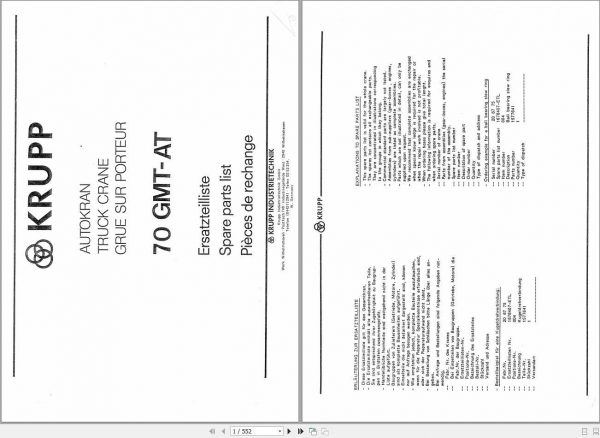 Manitowoc Cranes 70 GMT AT 70 476 062 EN 19870121 BIS 064 Spare Parts Manual PDF 1