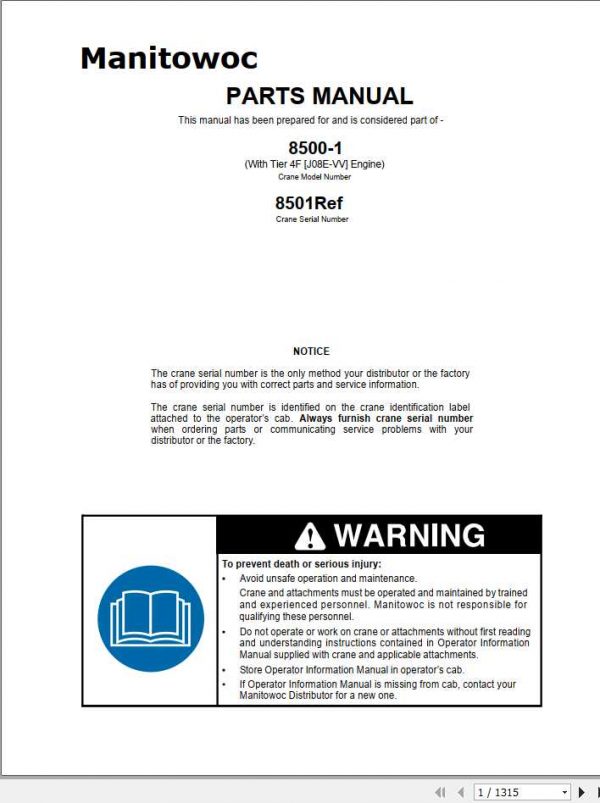 Manitowoc Cranes 8500 1 J08E VV PM 06 15 16 Spare Parts Manual PDF 1