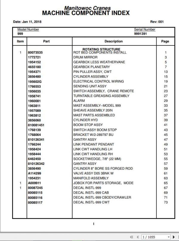 Manitowoc Cranes 999 9991391 001 100049 RERUN 2 Spare Parts Manual PDF 1