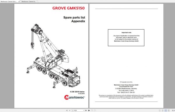 Manitowoc Cranes Grove GMK 5150 5150L Appendix Spare Parts Catalog 1