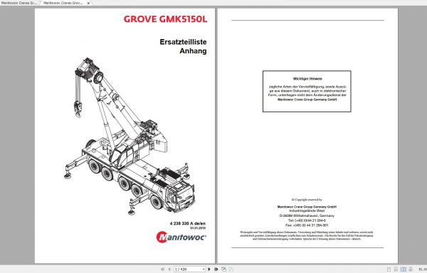 Manitowoc Cranes Grove GMK 5150 5150L Appendix Spare Parts Catalog 2